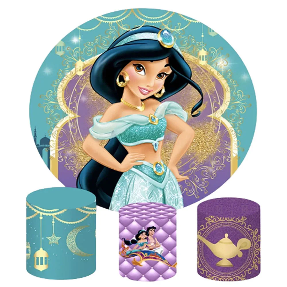 

Princess Jasmine Round Backdrop 3 Cylinder Cover Background For Photography Baby Shower Girl Birthday Party Decor Plinth Covers