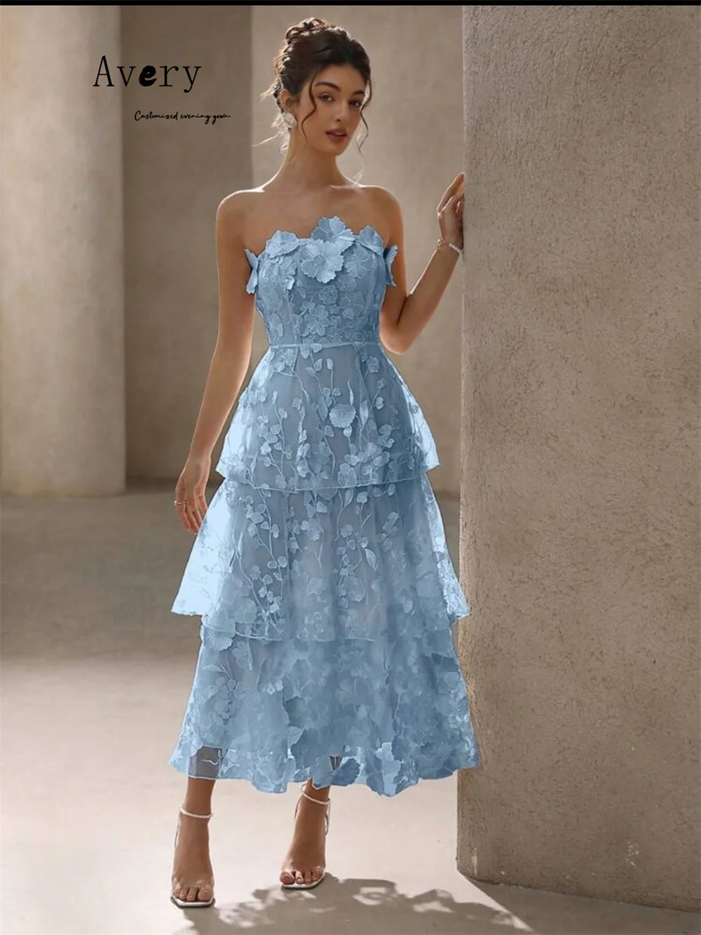 Avery Maßgeschneiderte blaue Blume, A-Linie, hohl, luxuriös, Damen-Abendkleider, elegante Partykleider, 2025, Party, langes Kleid