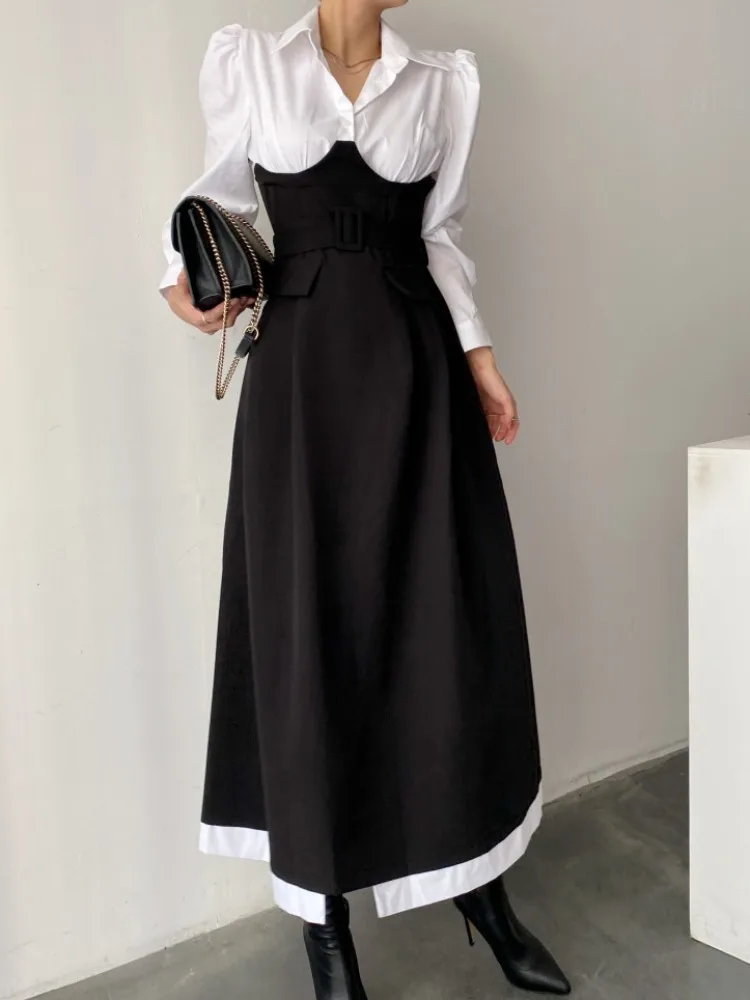 เอเล ออทัมนัล ชิคลายจุดคอปกยาวเอ-ไลน์ Dr Color Blo Maxi Skirt Sle Women's Faion