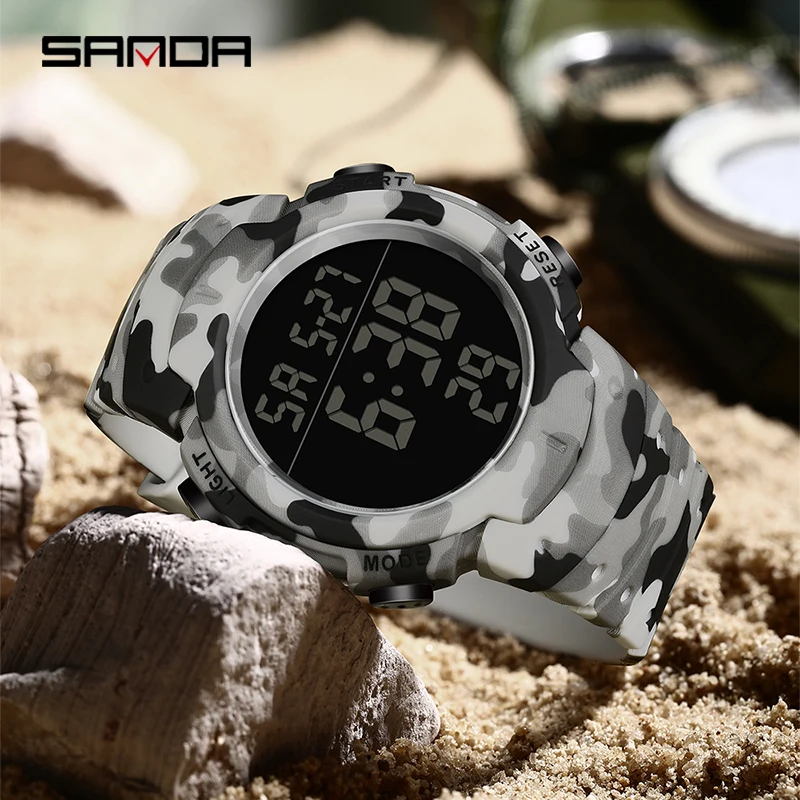 Sanda New 2182 Single Display Electronic Watch Men's Camo Series Multi functional Fashion Cool Waterproof Electronic men’s Watch