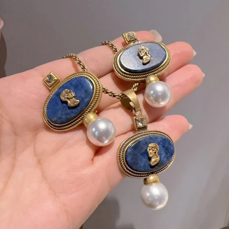 Vintage Lapis Lazuli Pearl Jewelry Sets Head Portrait Pendant Necklace Earring Oval Antique 18k Gold Plated Accessories Gifts