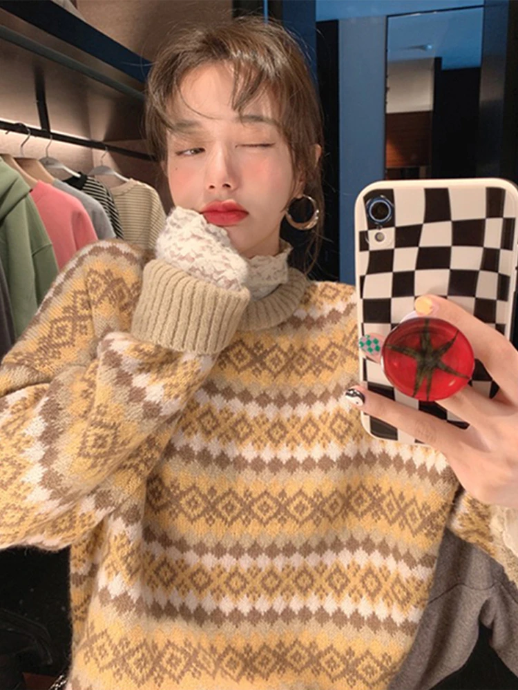 Chic Schöne Fair Isle Strickwaren frauen Herbst Winter Neue Japanische Sle Faul Retro Frühen Frühling Milch Fufu Basis irt