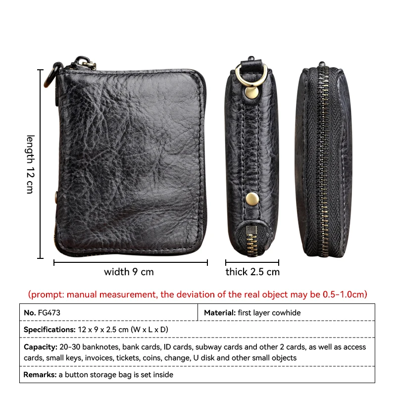 Retro Genuine Leather Short For Women Men Handmade Card Slot With Coin Pocket Small Bifold Zipper Wallet Money Purse Female Male