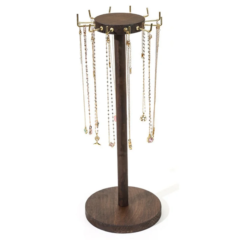

A43F-Wooden Necklace Display Rack With 12 Hooks, Round Wooden Jewelry Display Rack, Necklace Pendant Earring Storage Rack.