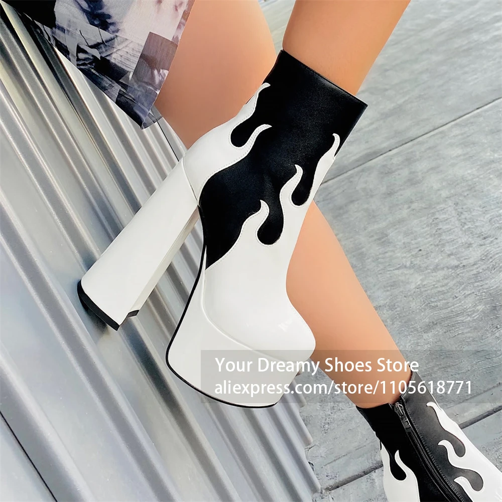 Ultra Thick Elevated Platform Sole Flame Print Ankle Boots Glossy Patent Leather Upper Platform Ankle Boot Night Club Party Look