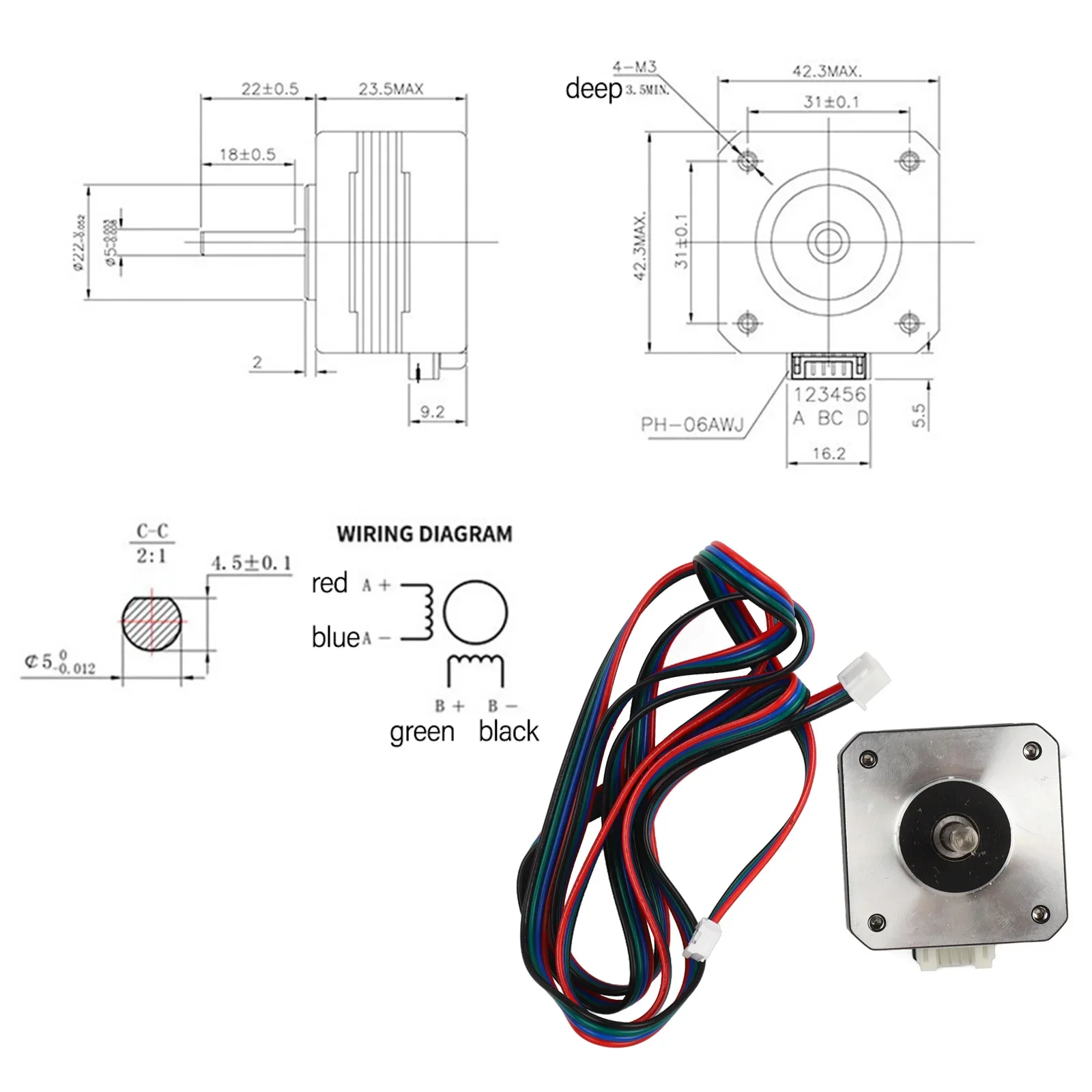 Stepper Motor For Nema 17 Pancake 1A with 23mm Body Length Suitable for 3D Printer Applications with For xh2 54 Connector Cable