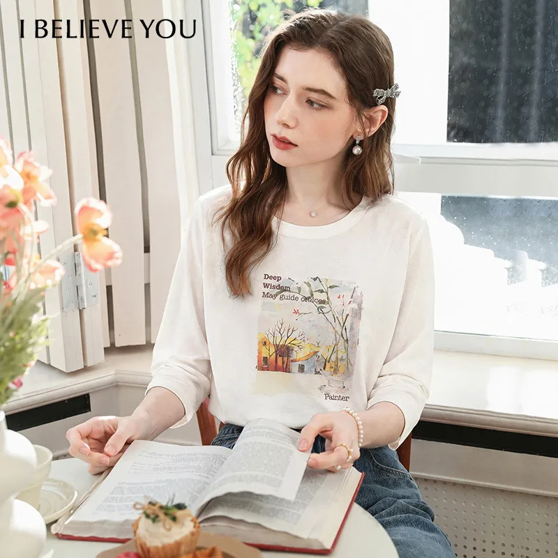 I BELIEVE YOU White Painting Print T-Shirt for Women 2026 Autumn Three-quarter Sleeve Versatile Elegant Casual Top 2263016474