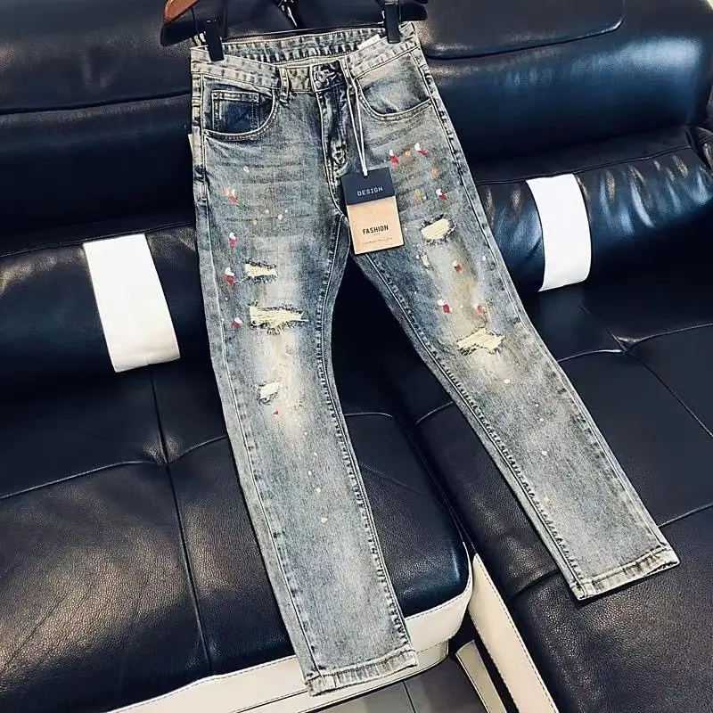 Trousers Light Blue With Holes Jeans For Men Tapered Male Cowboy Pants Torn Ripped Broken 2024 Trend Promotion Hot Kpop Harajuku