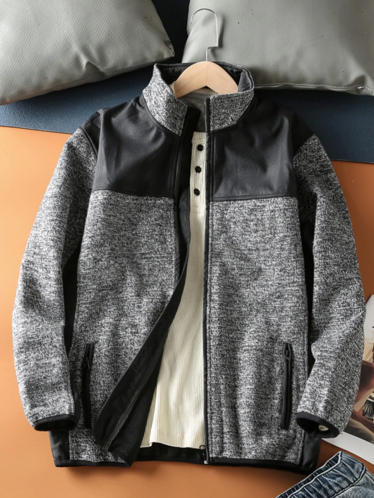 

Теплая хлопковая куртка с флисовой подкладкой и воротником-стойкой для мужчин, весна-осень, на молнии, свободного кроя, повседневная верхняя одежда