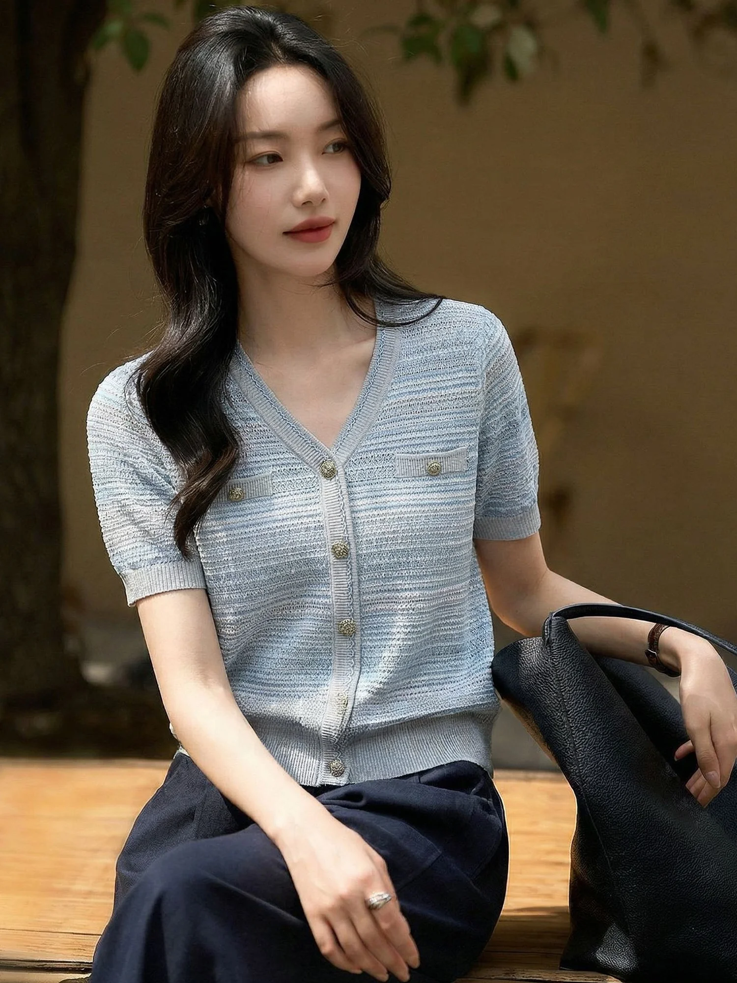 

Chivirin Blue Striped V-neck Short Sleeve Knitted Open Cardigan Women's Summer Fashionable Casual Loose Fit French Style T-shirt