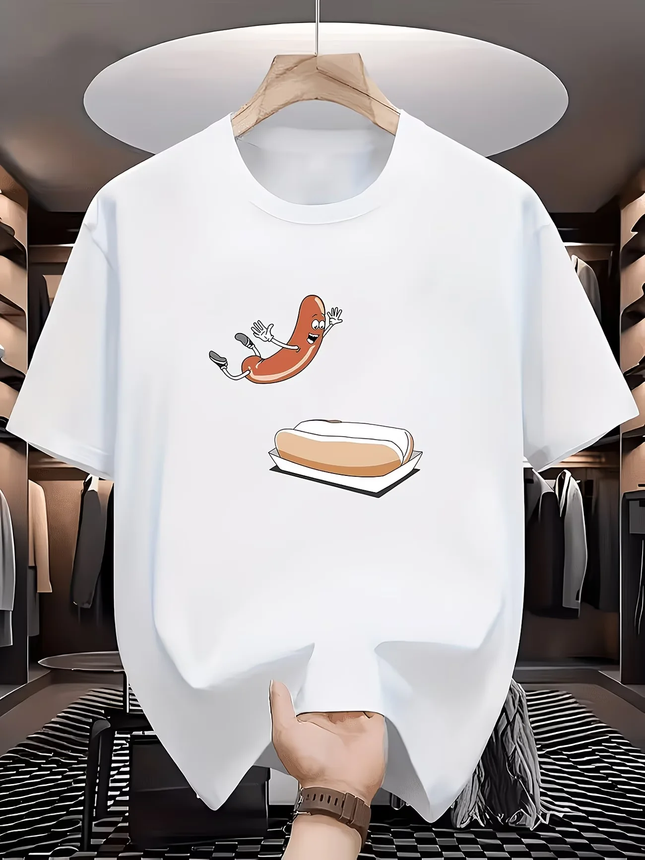 Funny Jumping Hot Dog Graphic T Shirt Humorous Food Print Summer Short Sleeve Loose Top Harajuku Aesthetic Black Tee for Men