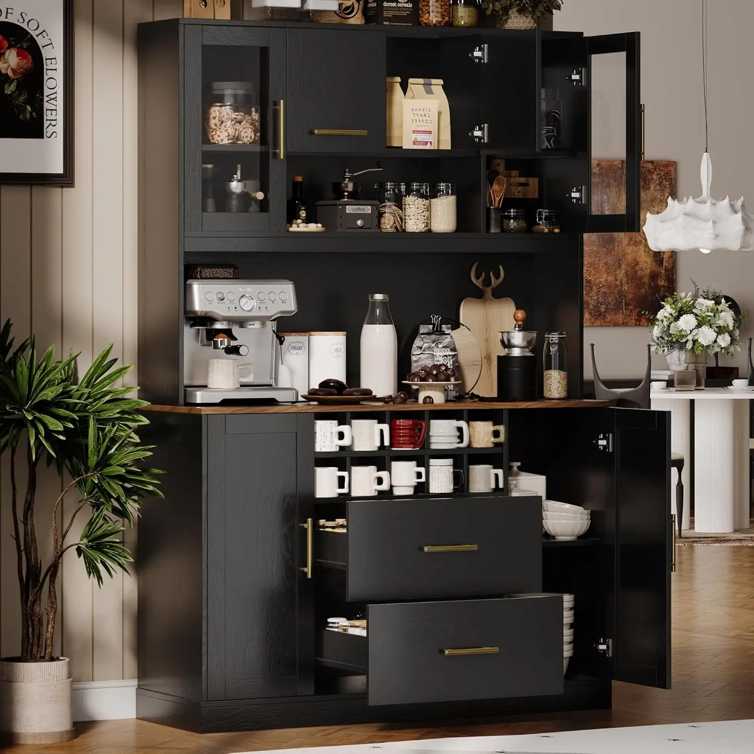 71인치 주방 팬트리 캐비닛, 전자레인지 스탠드 포함, 5개의 캐비닛, 2개의 서랍, 10개의 와인 랙, 모던 블랙 허치