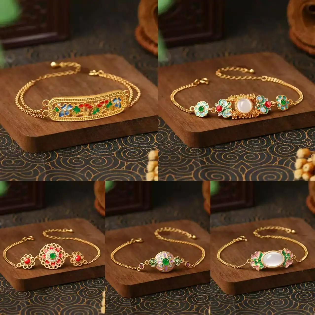 

Ancient Gold Plated Court Style Bracelets for Women Lucky Lotus Enamel Flower Shaped Light Luxury Design Jewelry Vintage Gifts