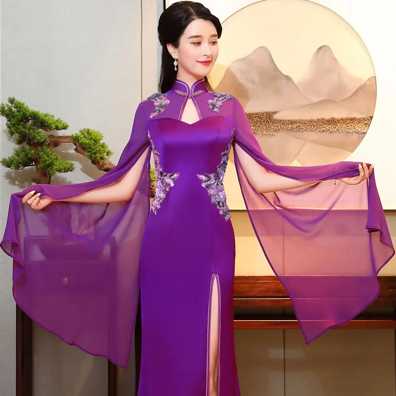 

Фиолетовое сексуальное женское платье русалки Cheongsam, элегантное платье с аппликацией, темпераментное платье с воротником-стойкой, макси Vestidos, сказочная труба Qipao