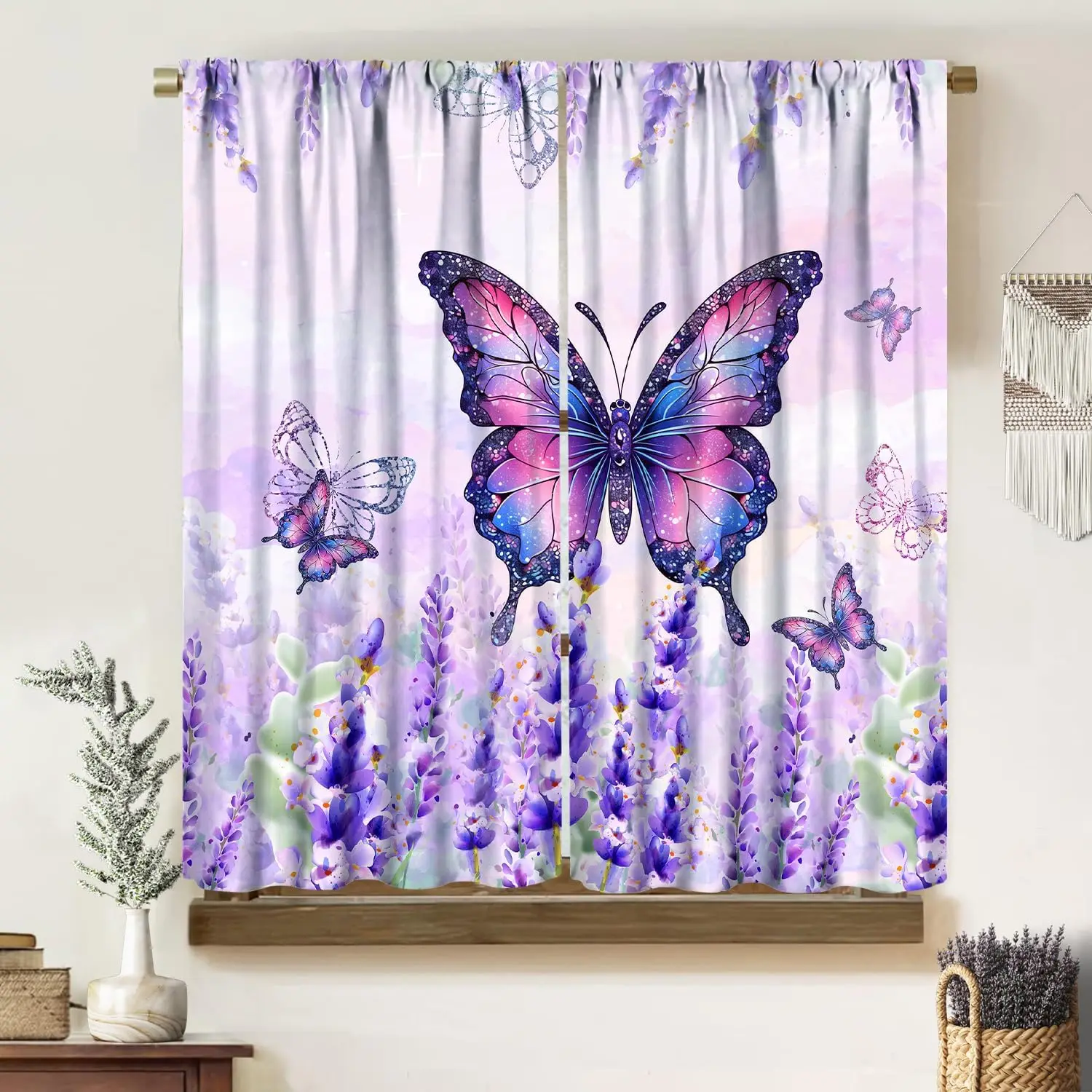 

Фантастические шторы-бабочки, ослепительные розовые, фиолетовые градиентные мотыльки, богемные акварельные лавандовые цветочные узоры, обработка окон