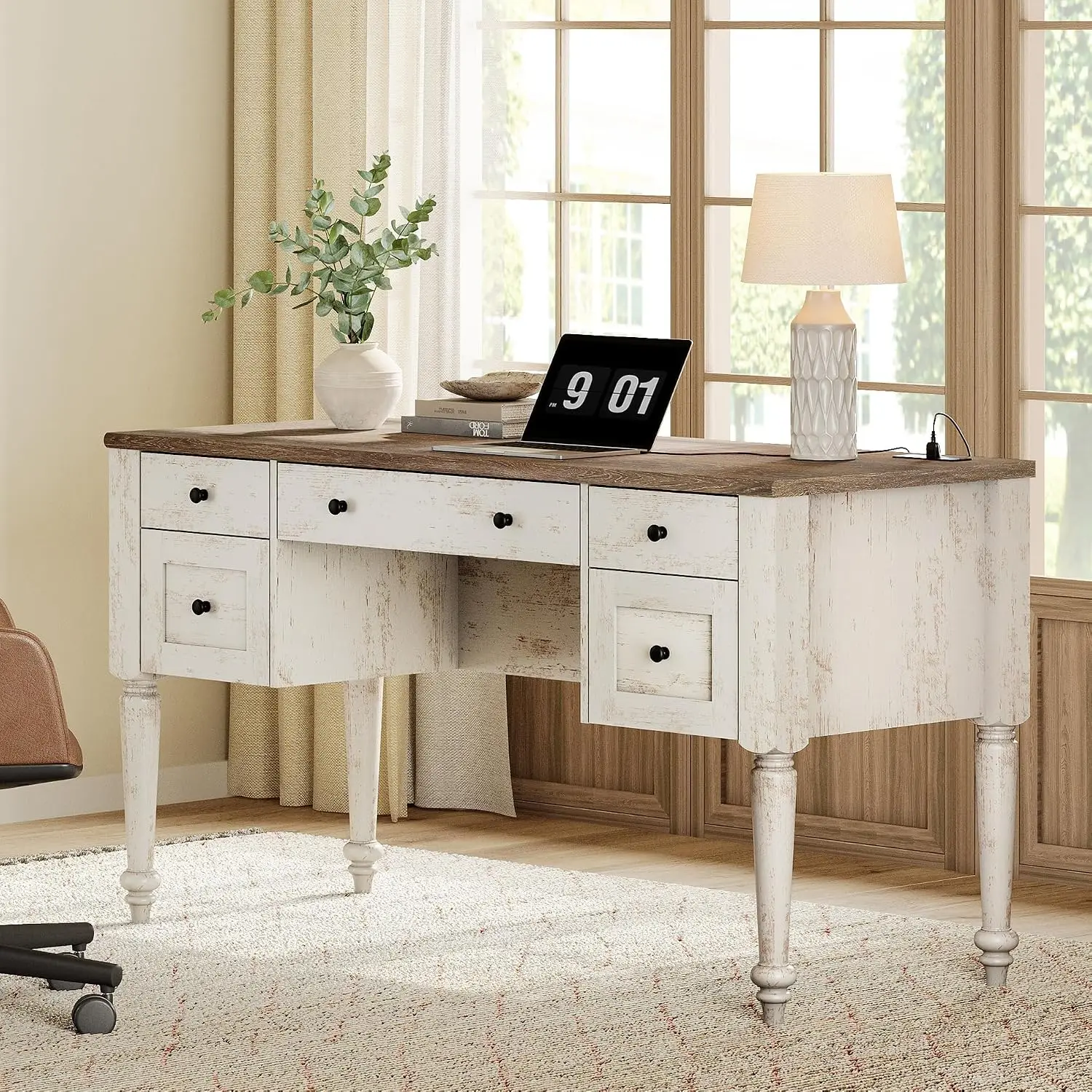 Vintage Writing Desk with Drawer, Charging Station, Wood Legs, Shelf, Power & USB Port, 56 Inch, White, Customized
