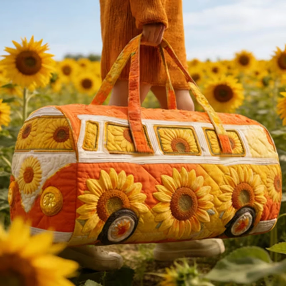 

Vintage Sunflower Camper Quilted Duffle Bag Orange Hippie Print Travel Tote HandBag Men Women Outdoor Weekender Bags