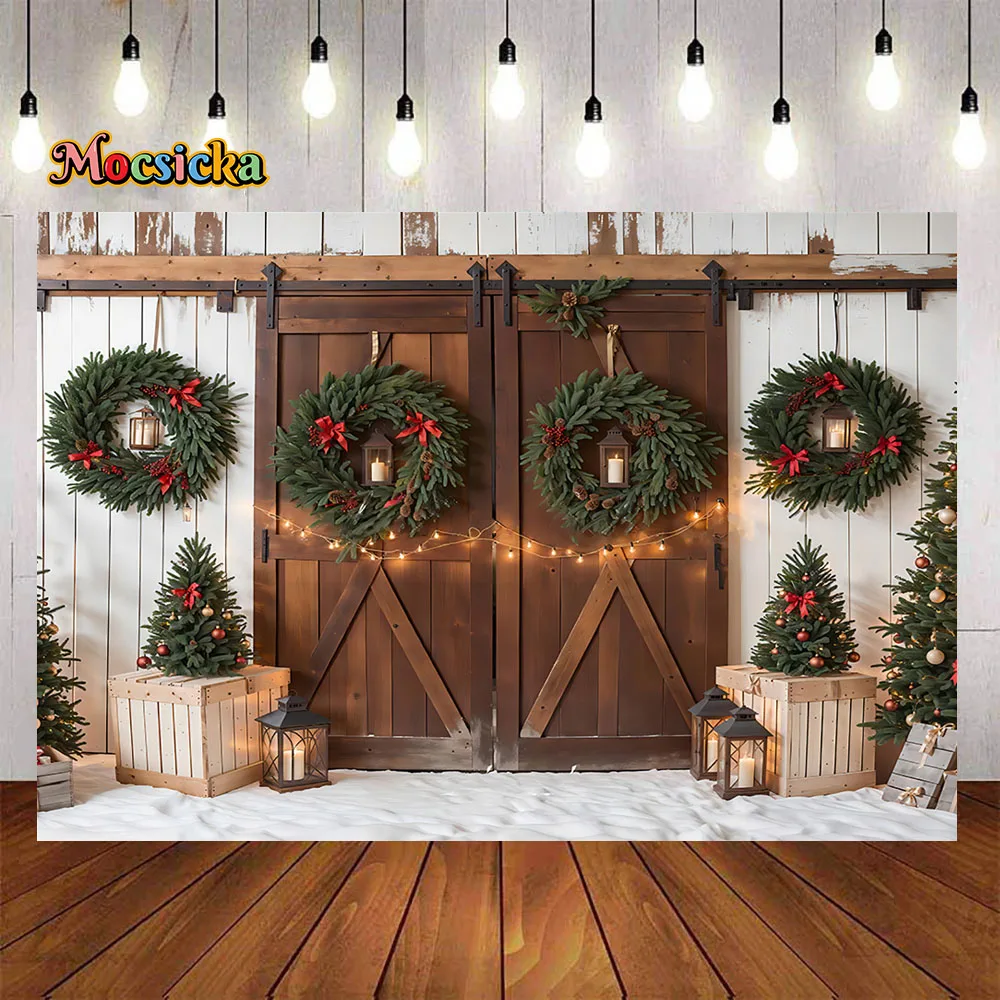 Wooden Barn Door Background Photography Christmas Tree Wreath Lantern Snow Backdrop Family Kids Winter Birthday Party Photozone