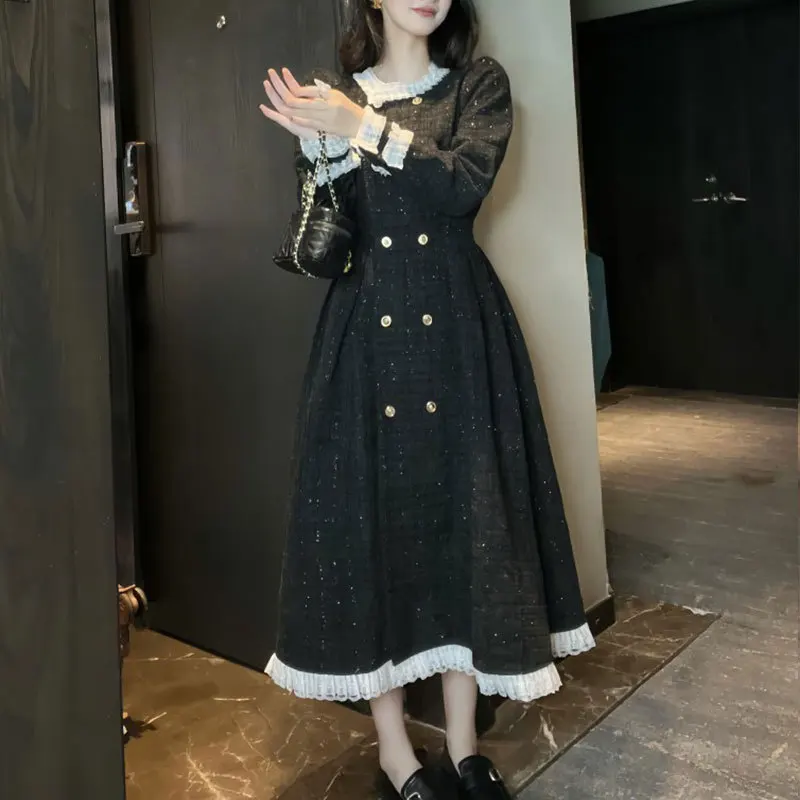 Same Style French Temperament Elegant Thick Corduroy Classic Dress Women's Autumn and Winter Hepburn Little Black Waist-Tight