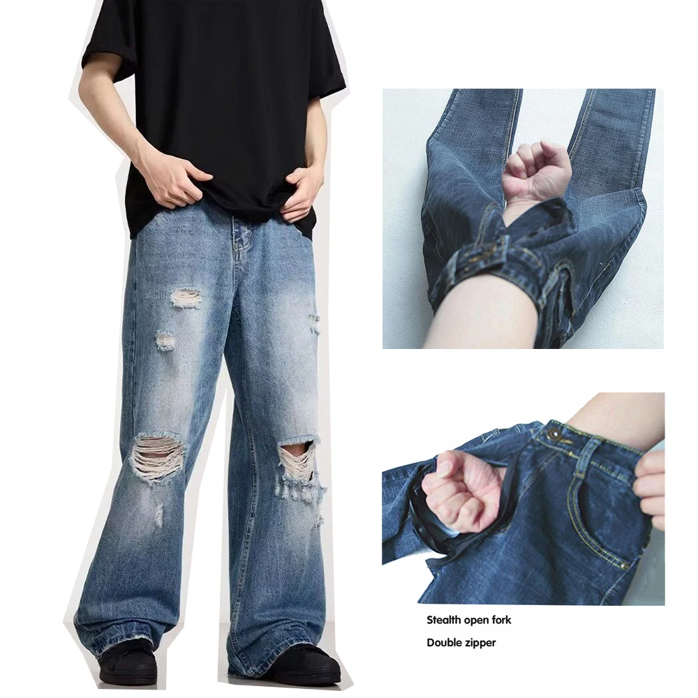 Pants Jeans Men Retro Washed Invisible Open-crotch Outdoor Sex Ripped Denim Summer Loose Straight Wide Leg Mopping Trousers