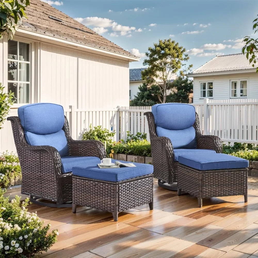 

Outdoor Swivel Rocker Patio Chairs with 2 Ottomans - 5" Thick Cushion 4 Piece Furniture Set All Weather Comfortable Wicker Conve