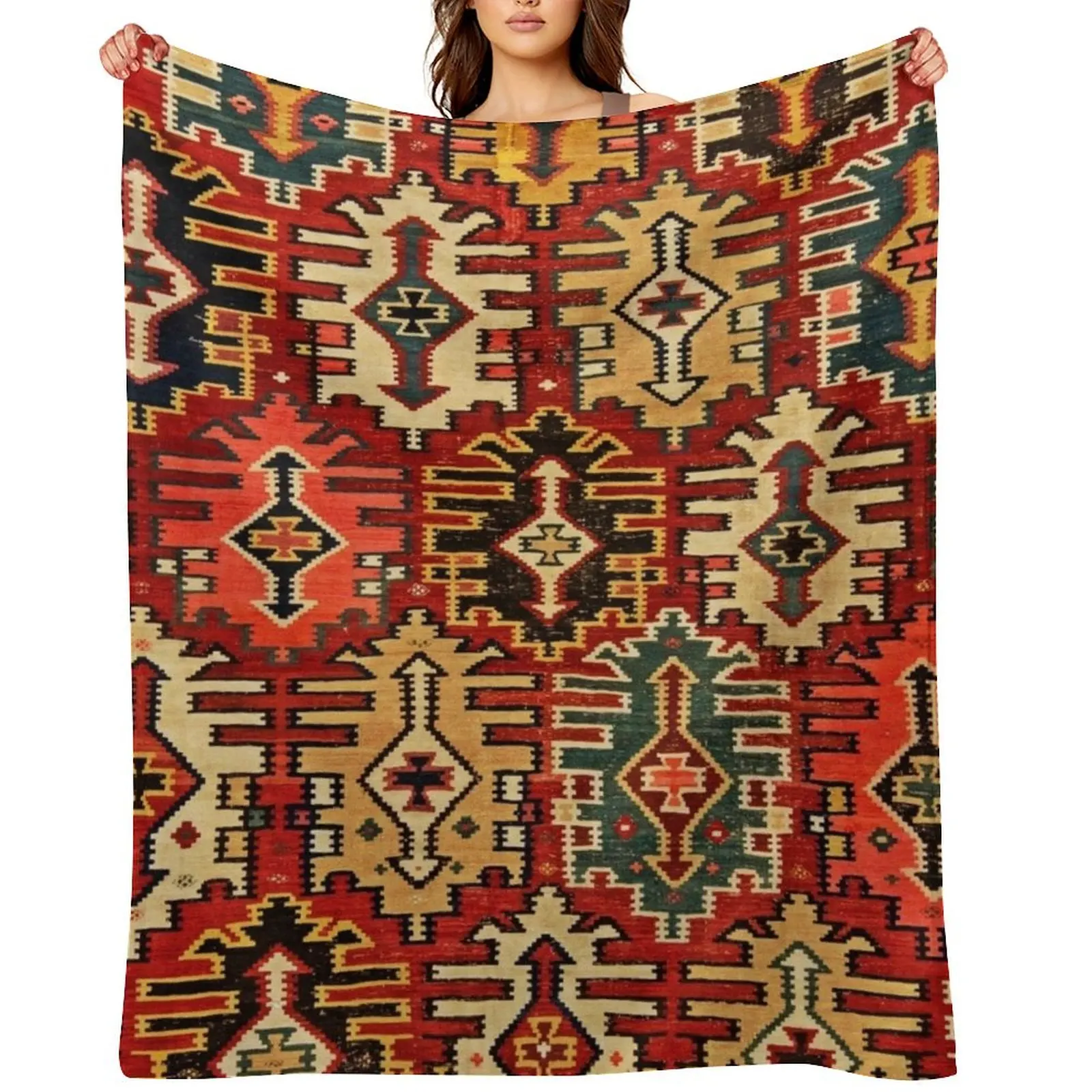 

Antique Turkish Kilim Tribal Rug Print Throw Blanket Decorative Throw Moving Camping Personalized Gift Blankets
