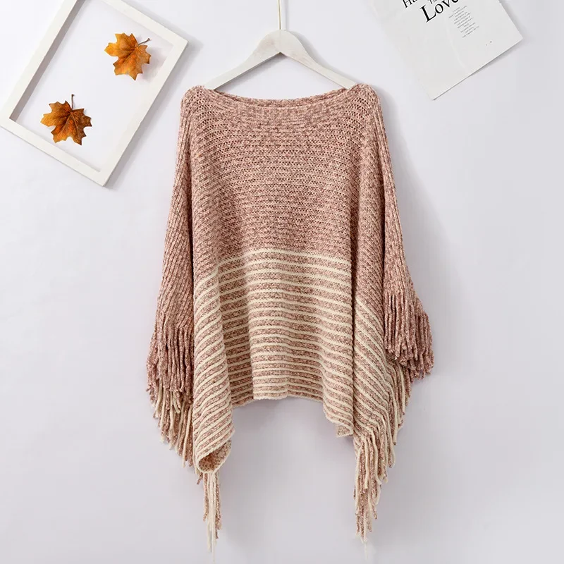 2024 Spring Autumn One Line Collar Female Pullover Cloak Fashion Split Lady Tassel Shawl Warm Scarf Cloak Poncho Capes Pink