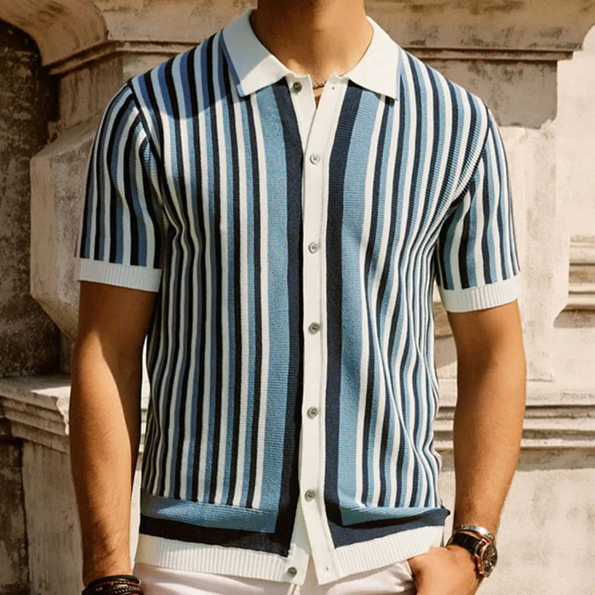 

Men's clothing British men's striped T-shirt knitted sweater luxurious and fashionable cool silk business and leisure polo shirt