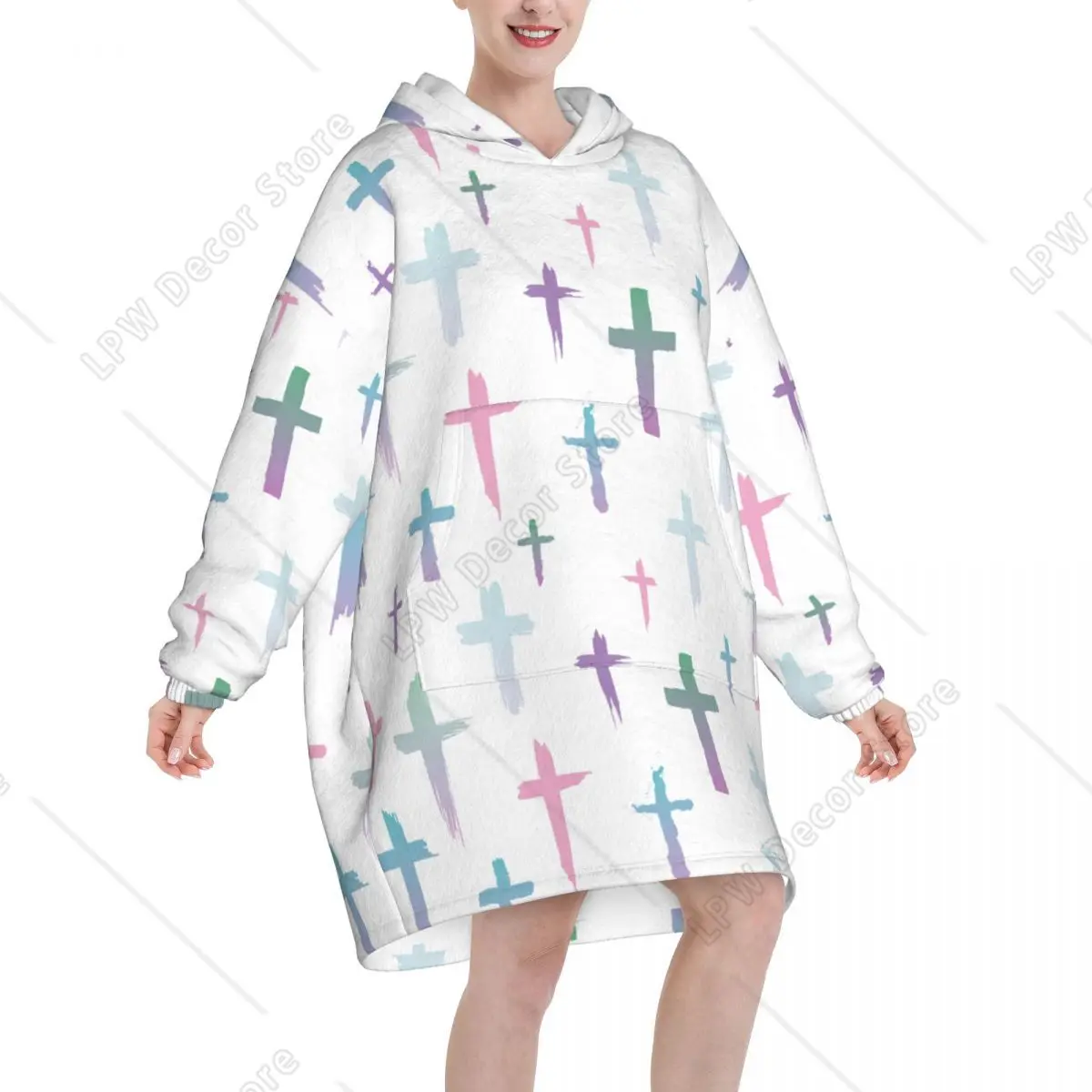 Beautiful Christian Cross Signs Religious Blanket Hoodie Sweatshirt Jesus Believer Long Fleece Hooded Wearable Blanket for Women