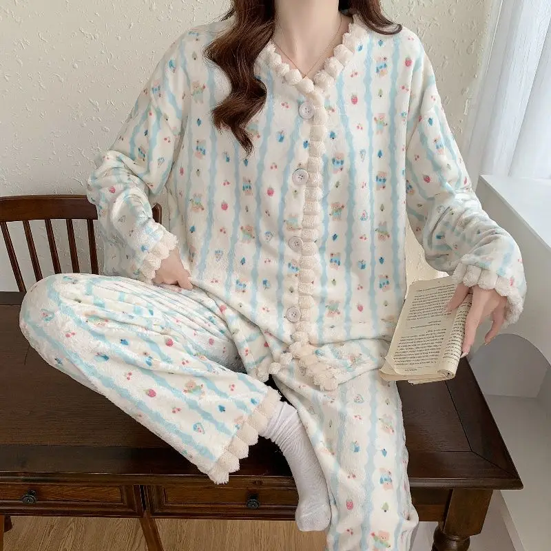 Pijamas de lã coral feminino outono inverno impressão engrossado pelúcia pijamas cardigan terno quente macio homewear mangas compridas pijamas