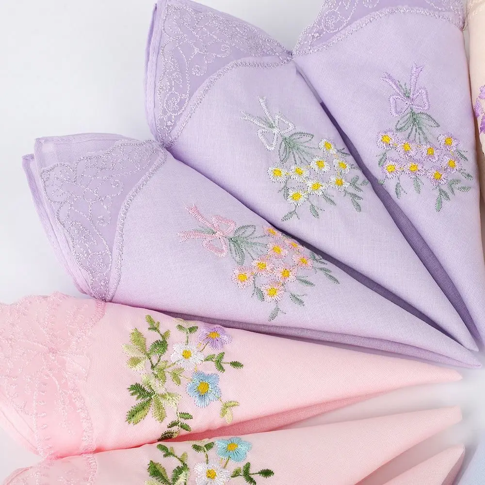 

Luxury Cotton Square Handkerchief Reusable Soft Embroidered Floral Cloth Lace Flower Hanky For Women