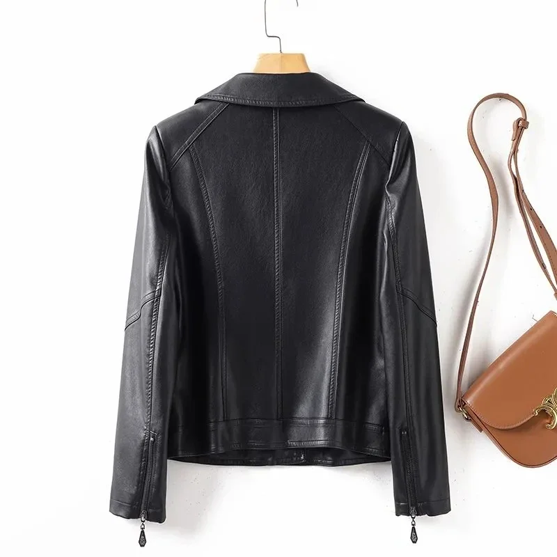 Jaket Kulit Domba Musim Semi Gugur Wanita Model Lokomotif Slim Berbahan Kulit Corium dengan Rivet, Kerah Jas, Ritsleting, Jaket Pendek XQ17