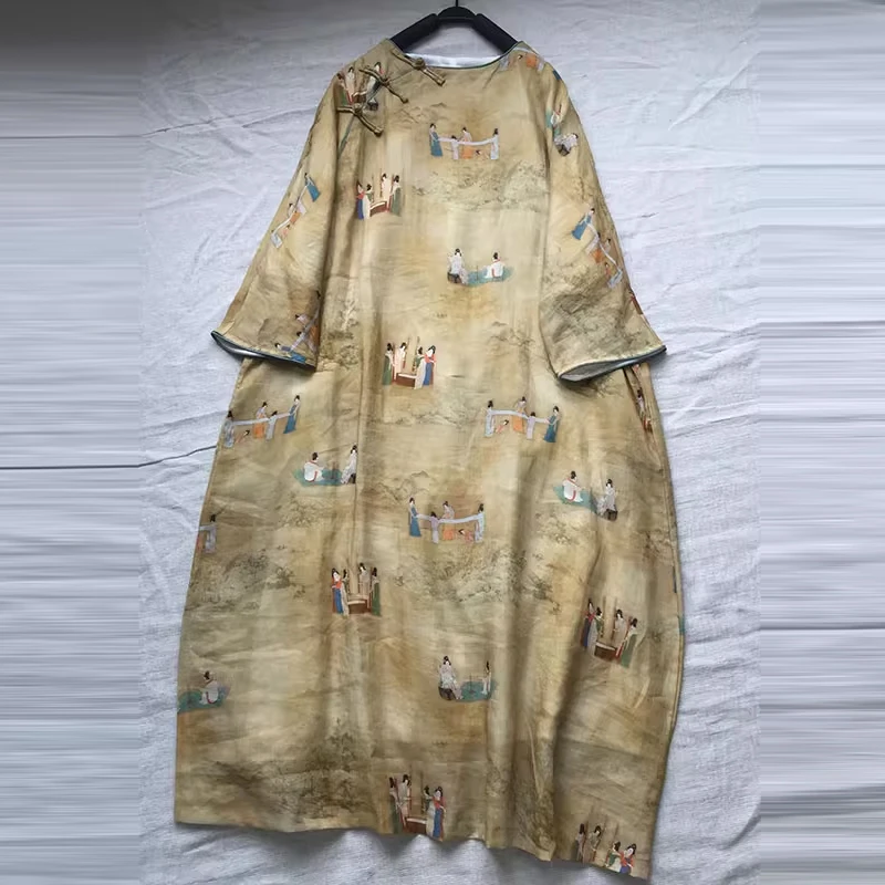 

Chinese Style Spring Summer Women 3/4 Sleeve O-neck Vintage Button Loose Long Dresses Ramie High Quality Print Casual Dress TJ84