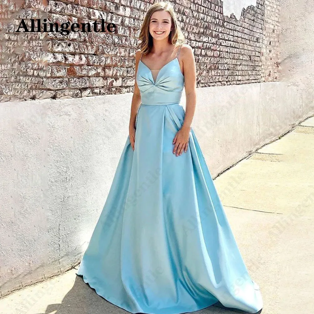 Allingentle Elegant Pleated V-Neck Satin Evening Formal Dresses 2023 Spaghetti-Strap Satin A-Line Prom Party Gowns Custom Made