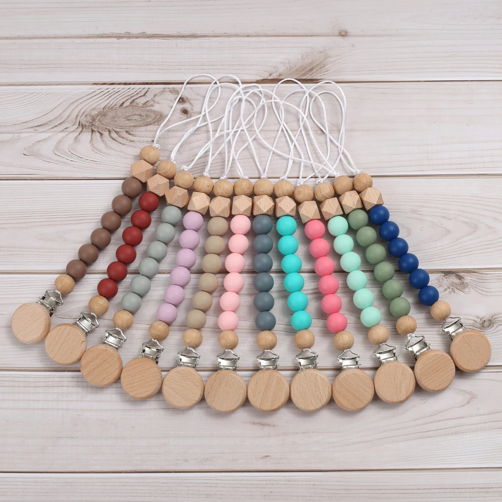 Baby Colorful Silicone Round Beaded Pacifier Chain Wooden Dummy Holder Clip For Infant Teether Nipple Chain Boy Girl Shower Gift