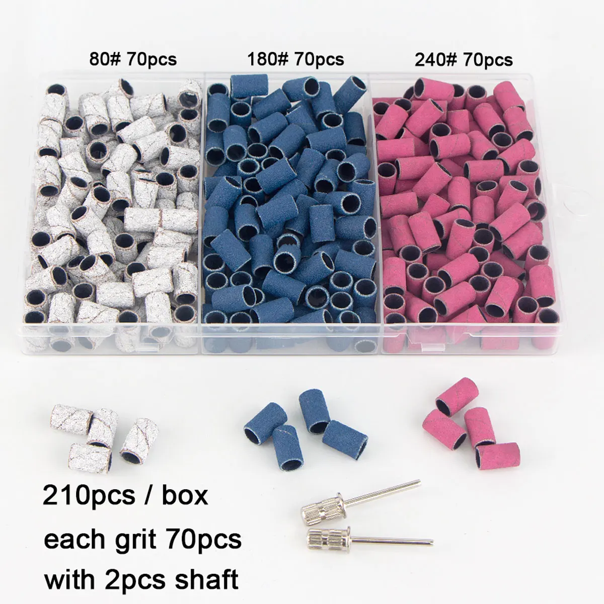 210Pcs/Box Sanding Bands With 2Pcs Shaft Set Foot Care Polishing Nail Gel Polish Remover Tools Milling Cutter Nail Dril Bits