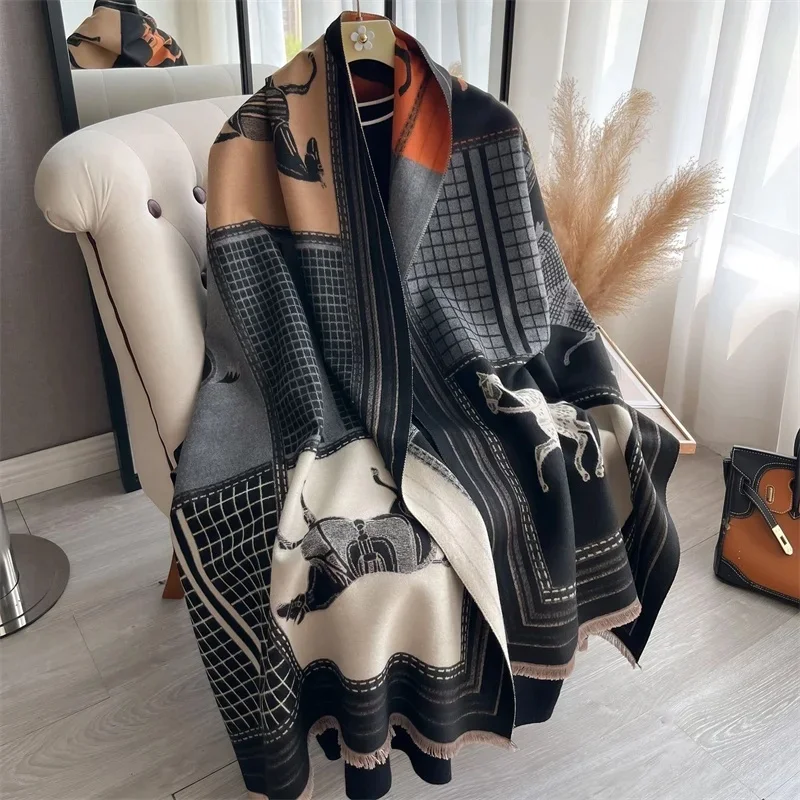 Luxury Warm Poncho Cashmere Winter Women Scarf Horse Print Shawl Wraps Female Thick Pashmina Blanket Bufanda Travel Echarpe 2024