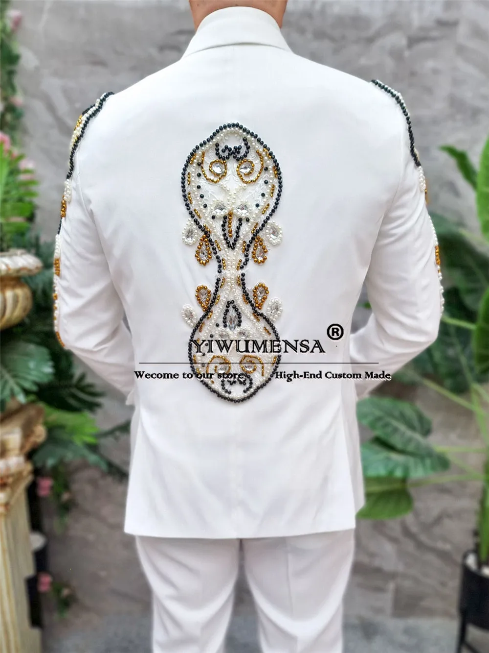 White Man Beaded Pearls Suits Formal Party Groom Wedding Tuxedos Customized Banquet Prom Blazer Male Fashion Terno Masculino