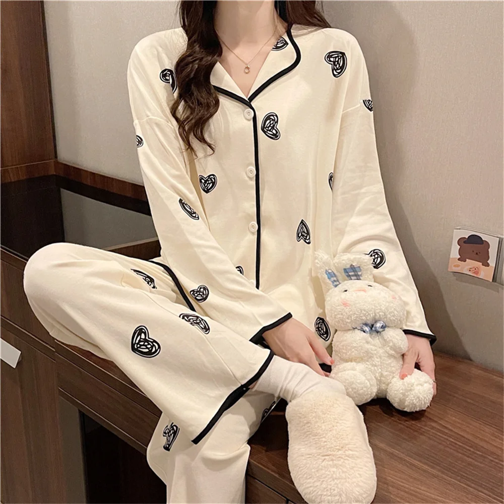 

Heart Print Women's Pajamas Set Two Pieces Sleepwear Women's Loungewear Tops lapel Long sleeved Casual Pijamas Home Clothes