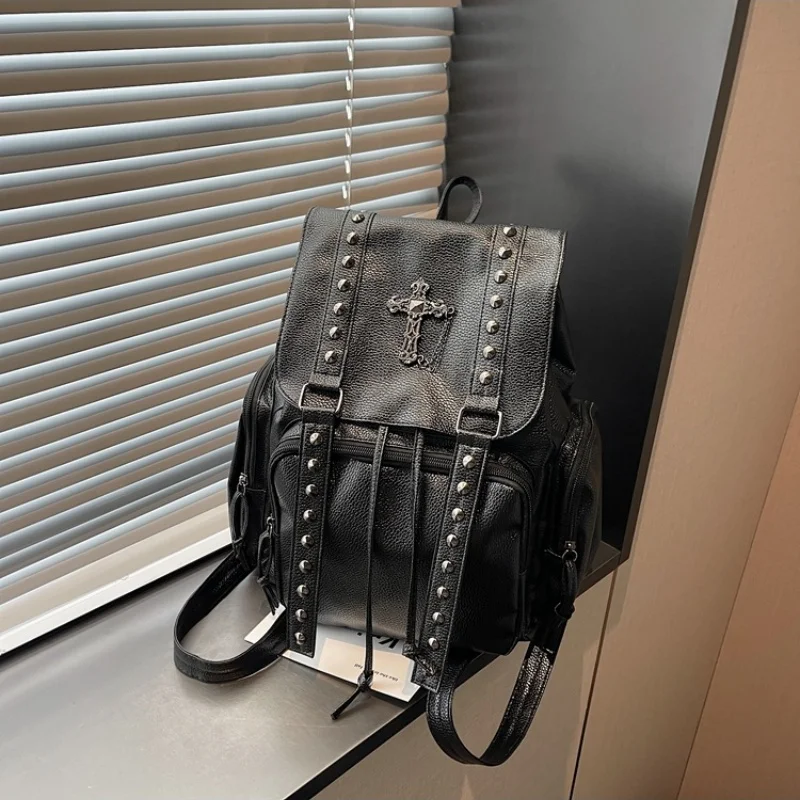 

Women's Punk Rivet Cross Backpack PU Leather Rucksack With Drawstring Closure For Daily Use