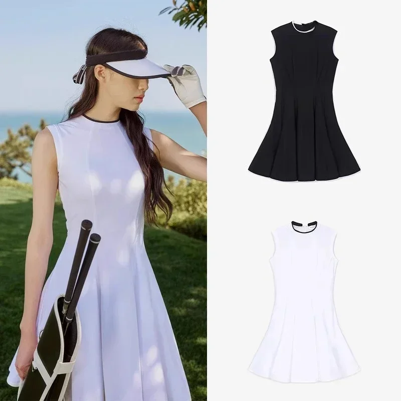 Golf Spring and Summer Women Wear Sleeveless Ruffle Edge Dress Versatile Round Neck Word Mark Sports Temperament Long Dress