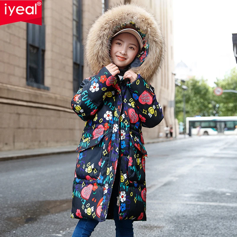 

Kids Girl Clothes 4-14 years Winter White Duck Down Padded Coat Teenage Warm Long Jacket Childrens Hooded Real fur Outerwears