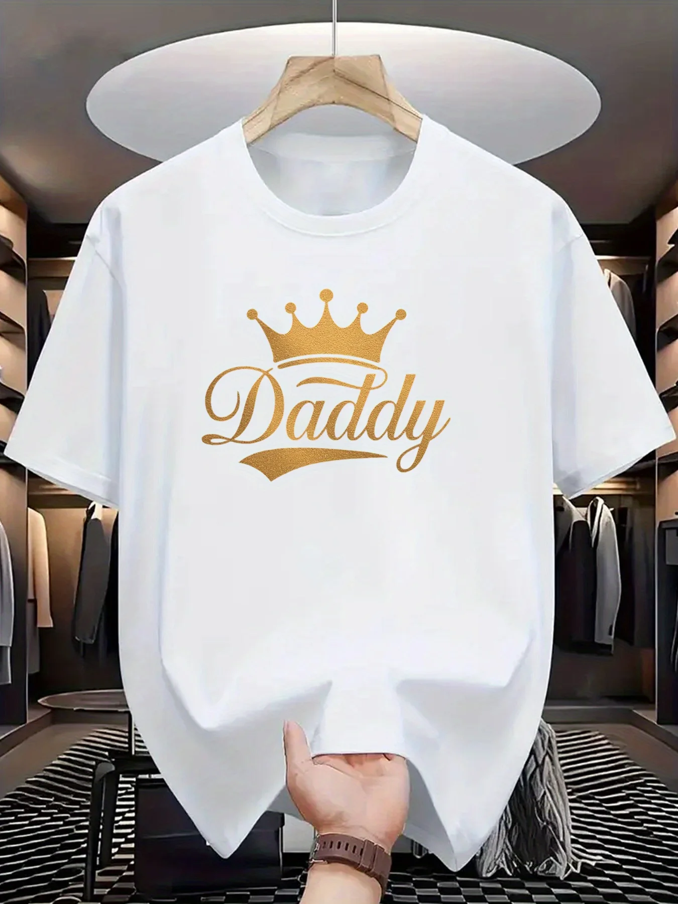 

2026 New Men's All-cotton Sports T-shirt Men's Black Casual Short Sleeve T-Shirt with Golden Daddy Crown Print
