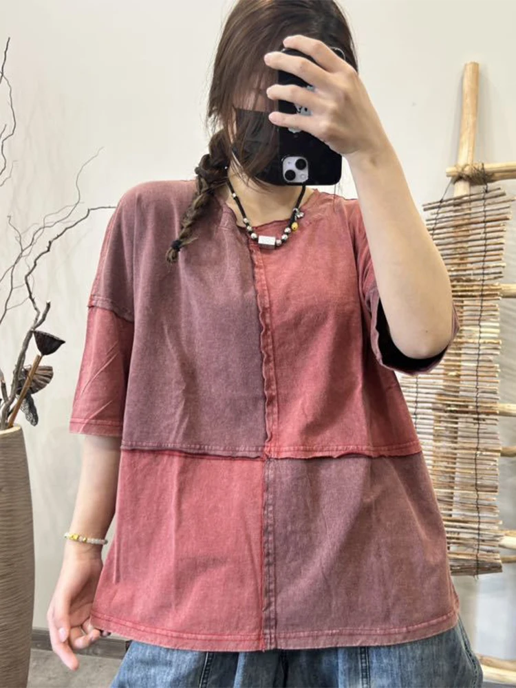 Amax luluE Summer Korean Vintage Clothes Womens Leisure Loose Cotton T-shirts Ladies Luxury Fashion O Neck Tops Patchwork Tees