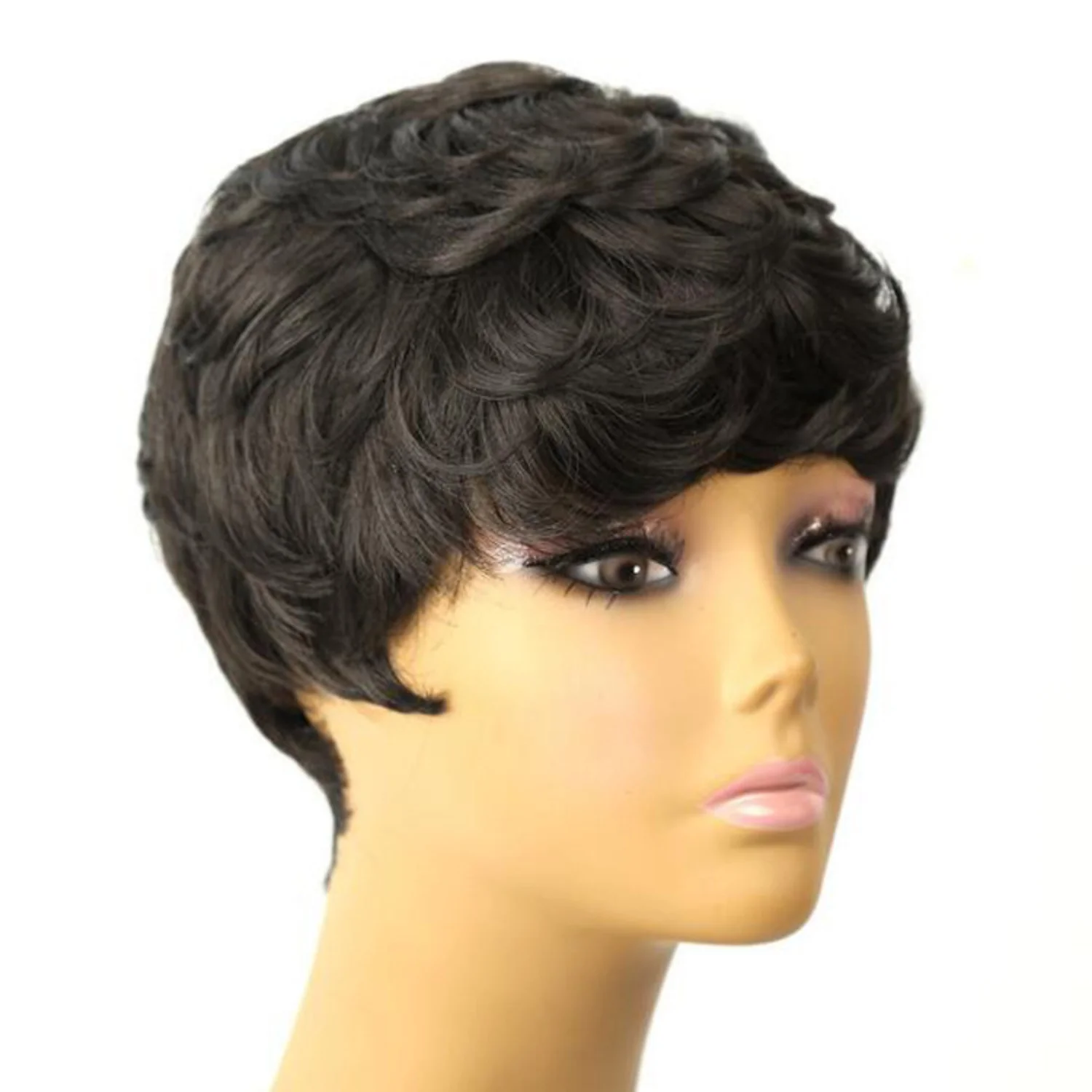 앞머리가 있는 짧은 레이어드 웨이브 곱슬 가발, 흑인 여성용 전체 기계식 픽시컷 인모 가발