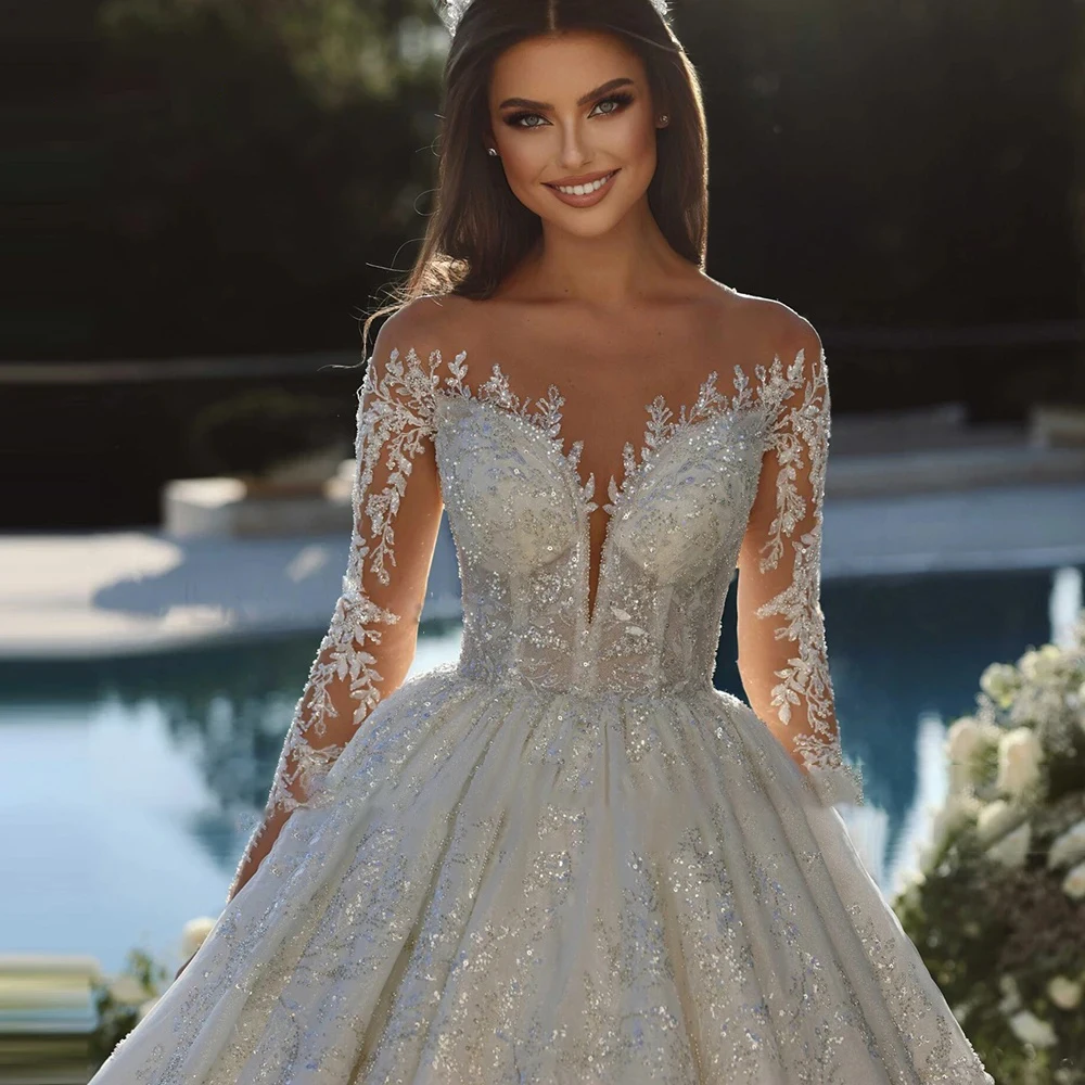 2024 Luxus-Ballkleid-Hochzeitskleid mit vollen Ärmeln, Spitze, Applikationen, Brautkleider, maßgeschneiderte hochwertige Prinzessinnen-Damenbekleidung