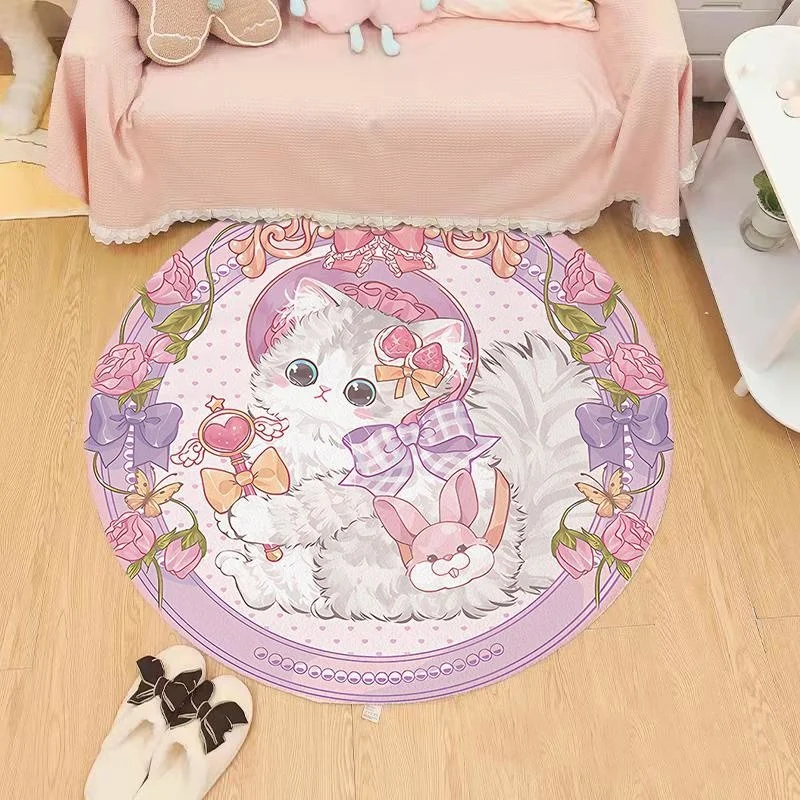 Kawaii Lolita Cat Round Carpet Cartoon Cat Soft Plush Rug Nonslip Furry Longe Rug Girls Kids Bedroom Bedside Carpet Home Decor