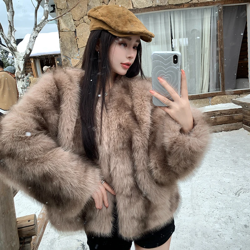 Women's Faux Fur Blended Fur Fall/Winter Long Sleeve V-Neck Korean Clothing Winter Wear Slim Fit Fashion Women Coat