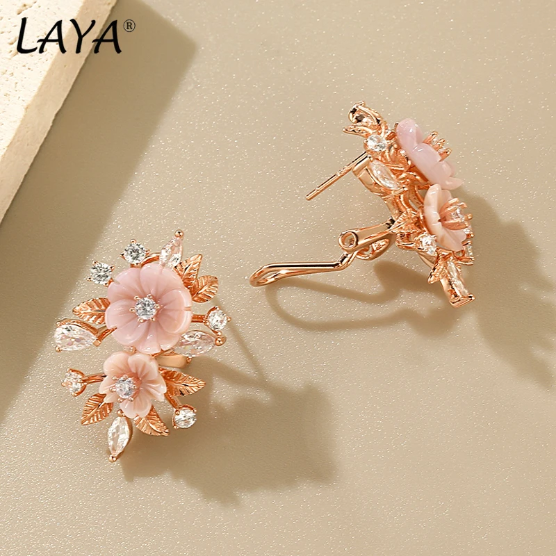 LAYA Earring For Women Pink Shell Flower White Shining Zircon 100% 925 Sterling Silver Finger  Party Engagement Romantic Jewelry