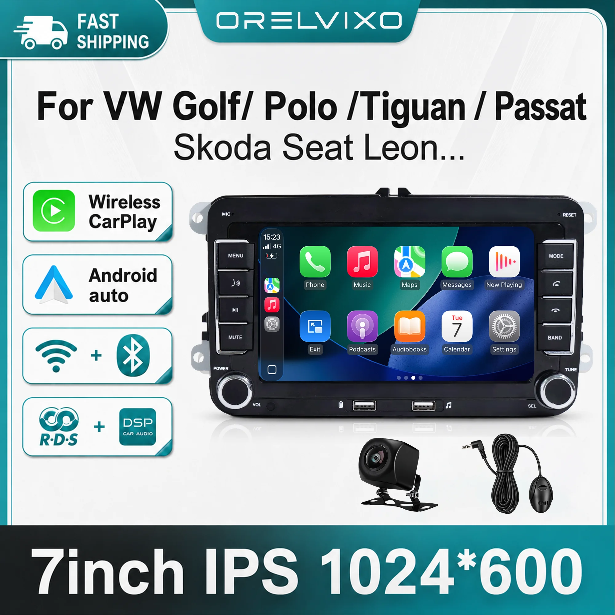 7 Inch Car Radio for Volkswagen Skoda, Wireless CarPlay Android Auto, MP5 Car Stereo Unit for Golf 5 6 Touran Passat Polo Jetta